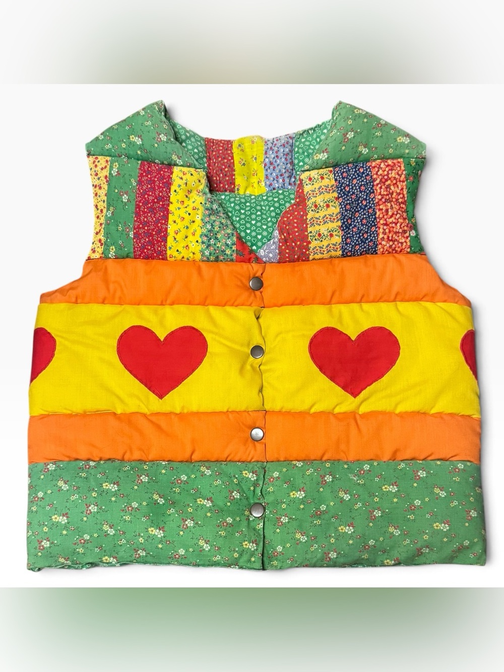 VTG Quilted Vest Handmade Patchwork Puffer Hearts Colorful Valentine Girls Woman